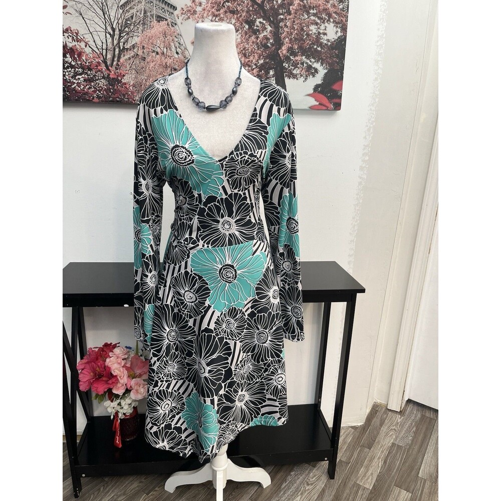 Avon Signature Collection Floral Dress XL Asymmetric Teal Black Long Sleeve Knit